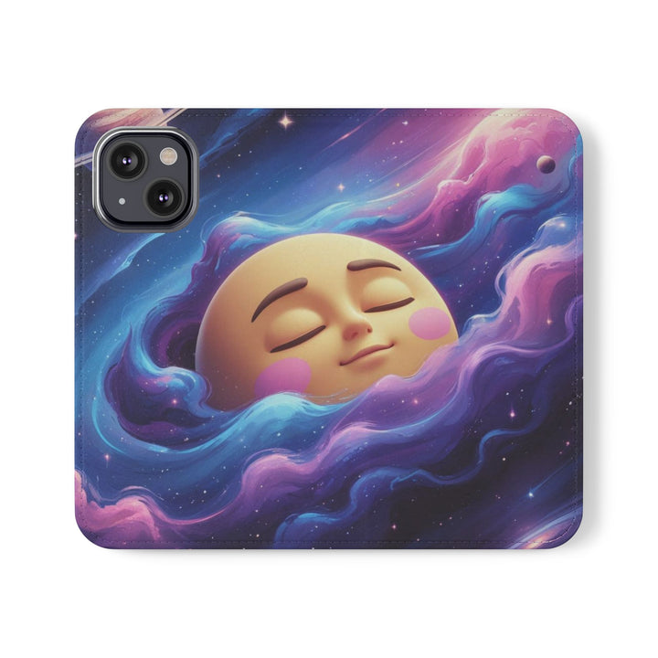 Dreamy Galaxy Flip Case – Cute Moon & Star Wallet Cover, Vegan Leather