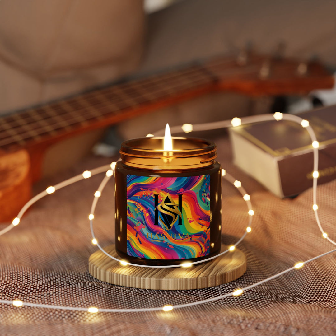 Rainbow Swirl Scented Soy Candle – Amber Jar, 2 Sizes, Artistic Décor