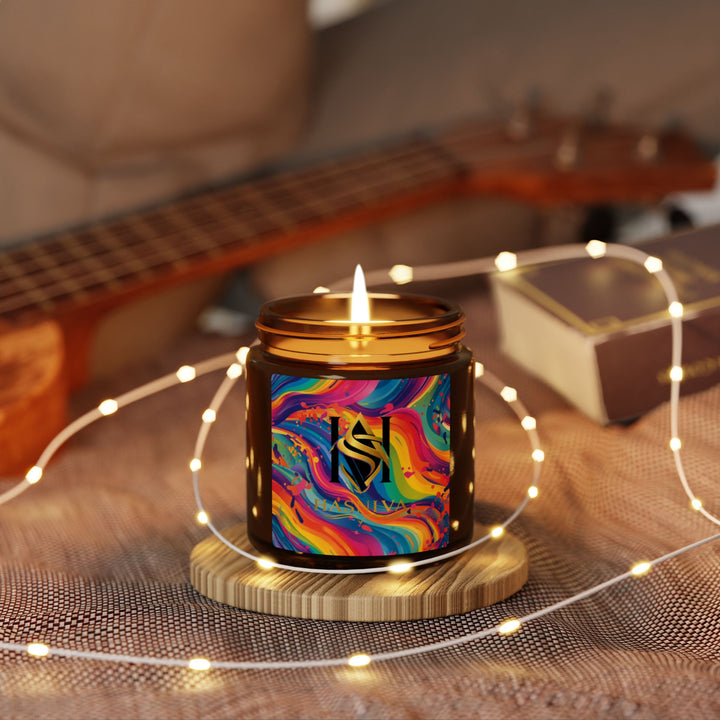 Rainbow Swirl Scented Soy Candle – Amber Jar, 2 Sizes, Artistic Décor