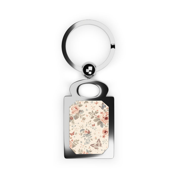 Personalized Floral Rectangle Photo Keyring – Vintage Roses & Butterflies