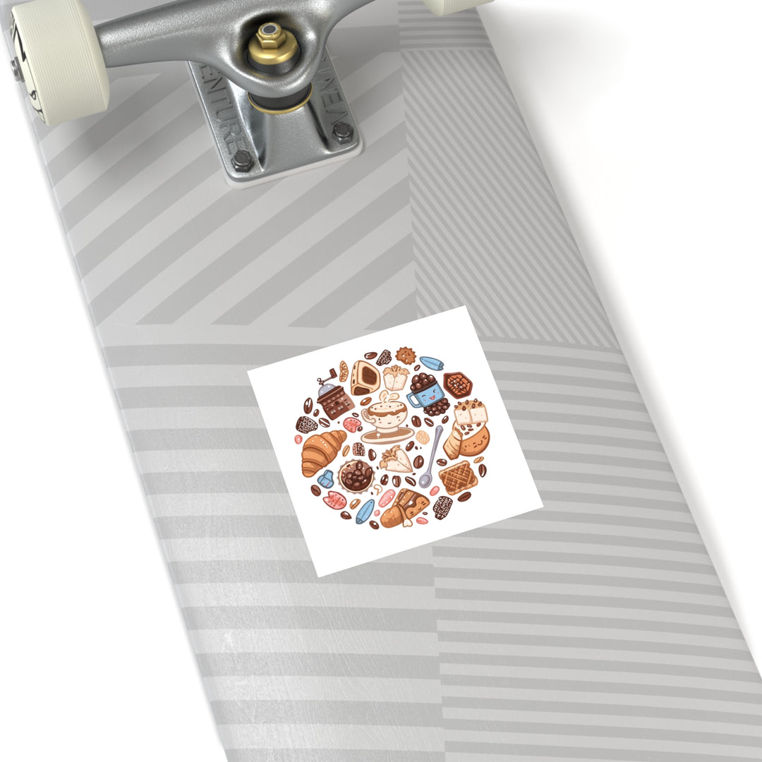 Coffee & Dessert Cartoon Square Sticker – Weatherproof Vinyl, Customizable