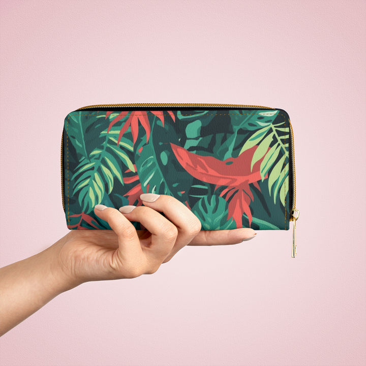Sleek Personalized Zipper Wallet – Tropical Jungle Leaf Faux Leather Organizer