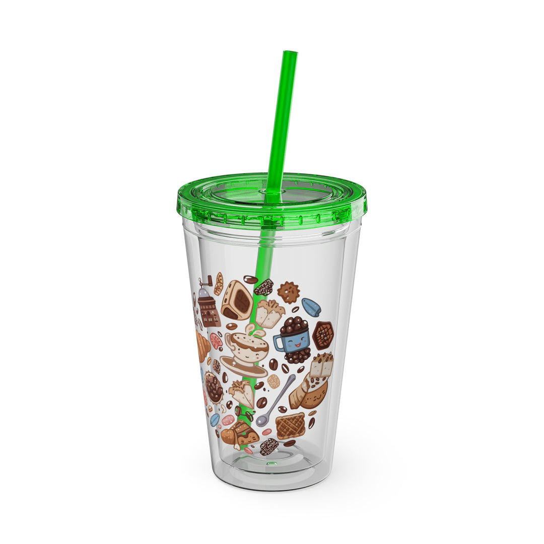 Sunsplash 16oz Tumbler – Cute Café Cartoon Coffee & Dessert, Straw Included