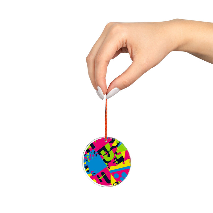 Crystal Glass Ornament – Bold Geometric Neon Art, Round or Heart Shape