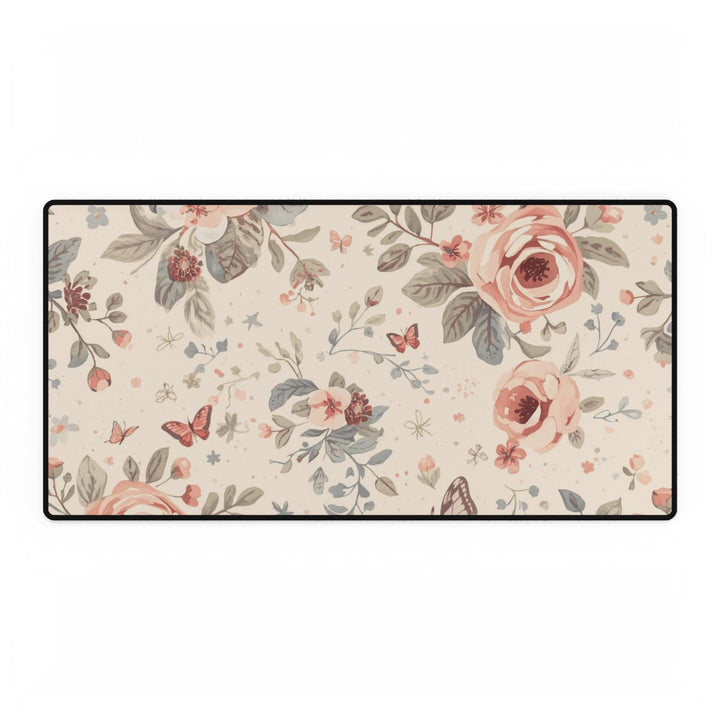 Premium Floral Desk Mat – Elegant Pastel Roses & Butterflies, Non-Slip, Waterproof