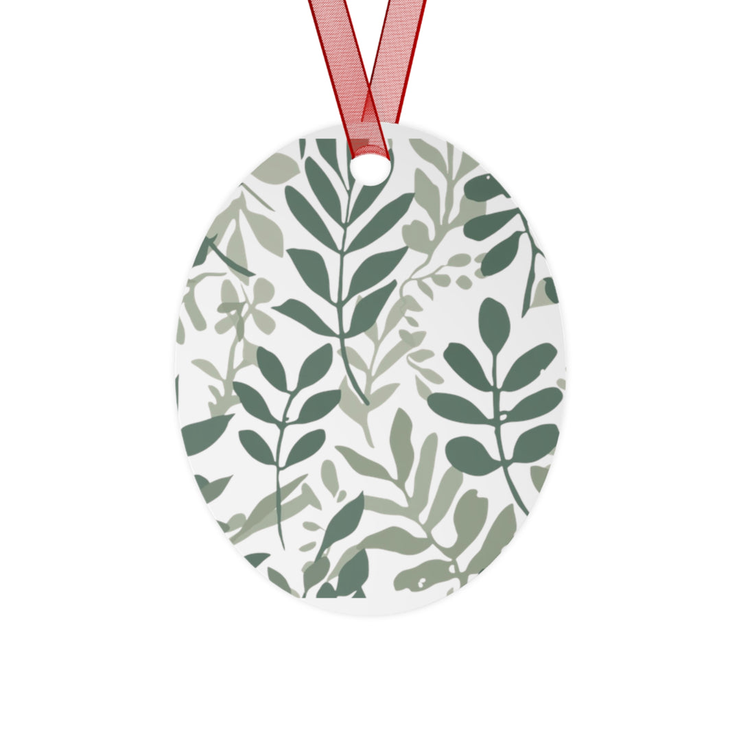 Modern Botanical Metal Ornament – Hand-Drawn Green Leaves on Black, Customizable