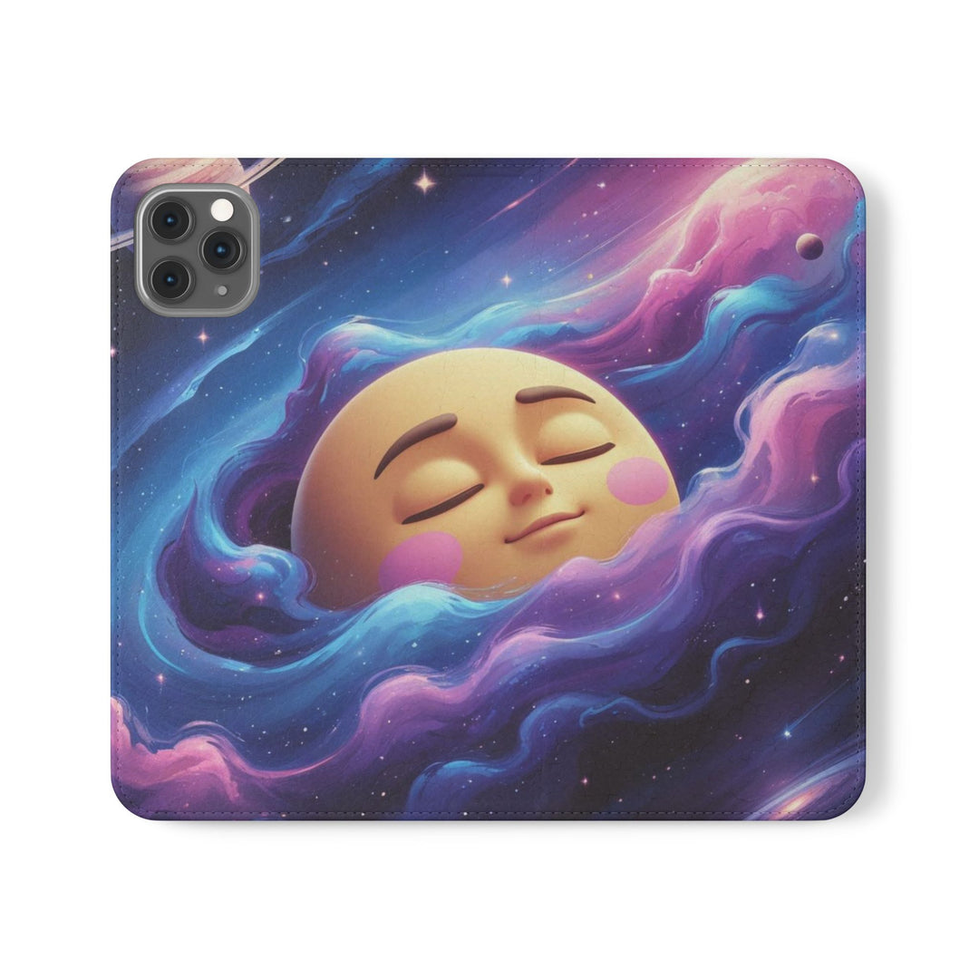 Dreamy Galaxy Flip Case – Cute Moon & Star Wallet Cover, Vegan Leather