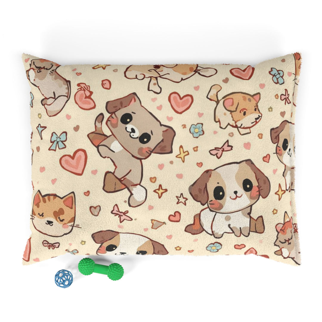Custom Plush Pet Bed – Cute Cartoon Puppy & Kitten Print, Orthopedic, Cozy