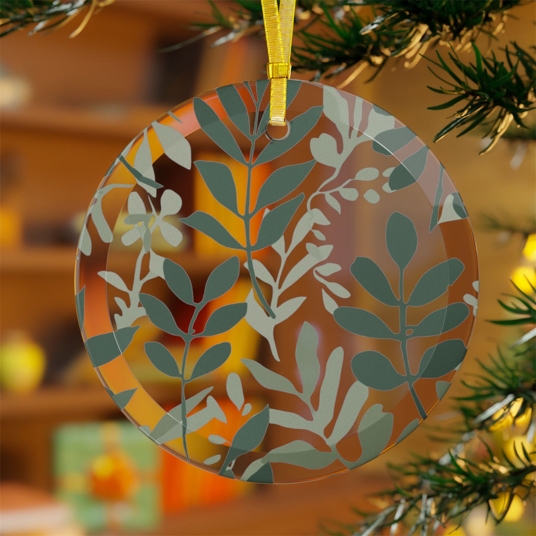 Custom Glass Ornament – Modern Botanical Leafy Green on Black, Handcrafted