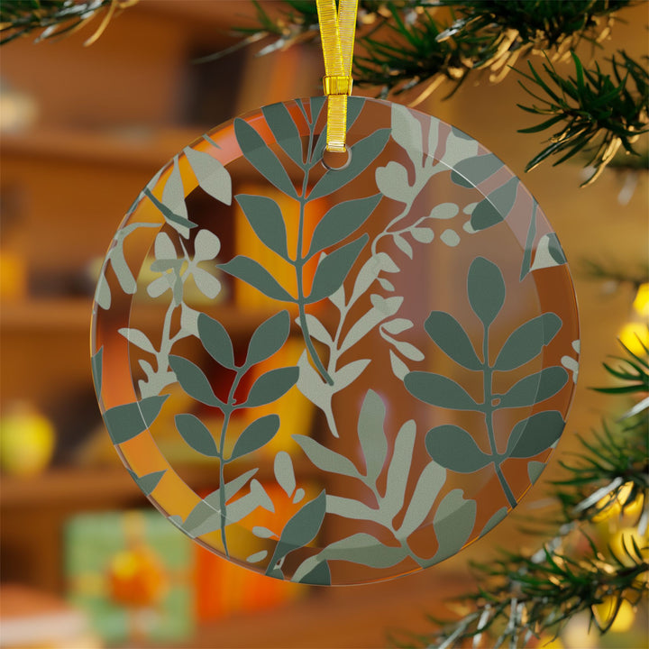 Custom Glass Ornament – Modern Botanical Leafy Green on Black, Handcrafted