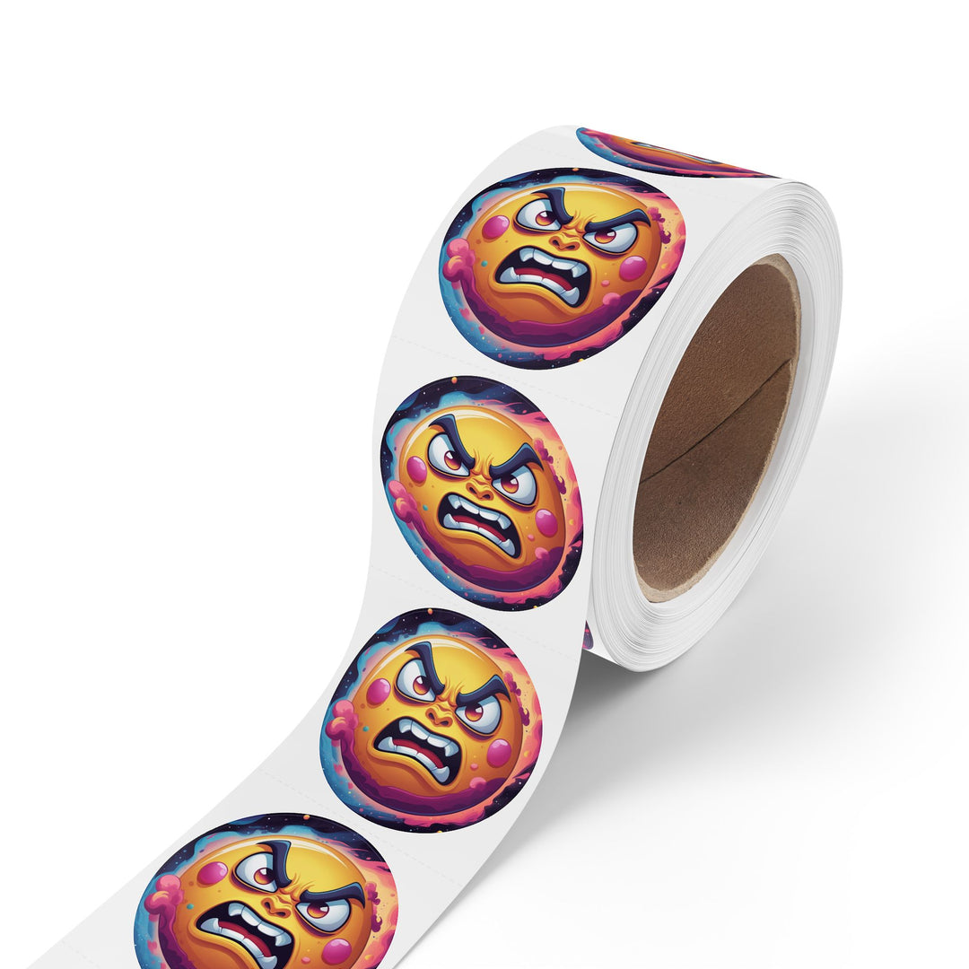 Round Sticker Label Roll – Angry Sun Space Theme, Durable, Fun & Glossy