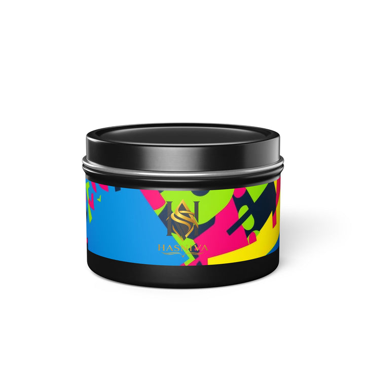 Custom Hand-Poured Tin Candles – Bold Abstract Neon Design, Eco-Friendly
