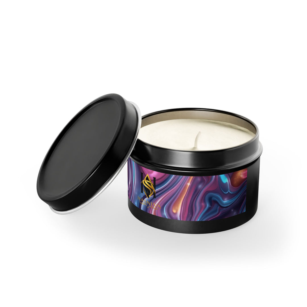 Handcrafted Iridescent Tin Candle – Luxe Soy, Custom Swirl Design, Gift-Ready