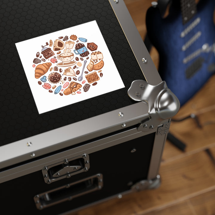 Coffee & Dessert Cartoon Square Sticker – Weatherproof Vinyl, Customizable