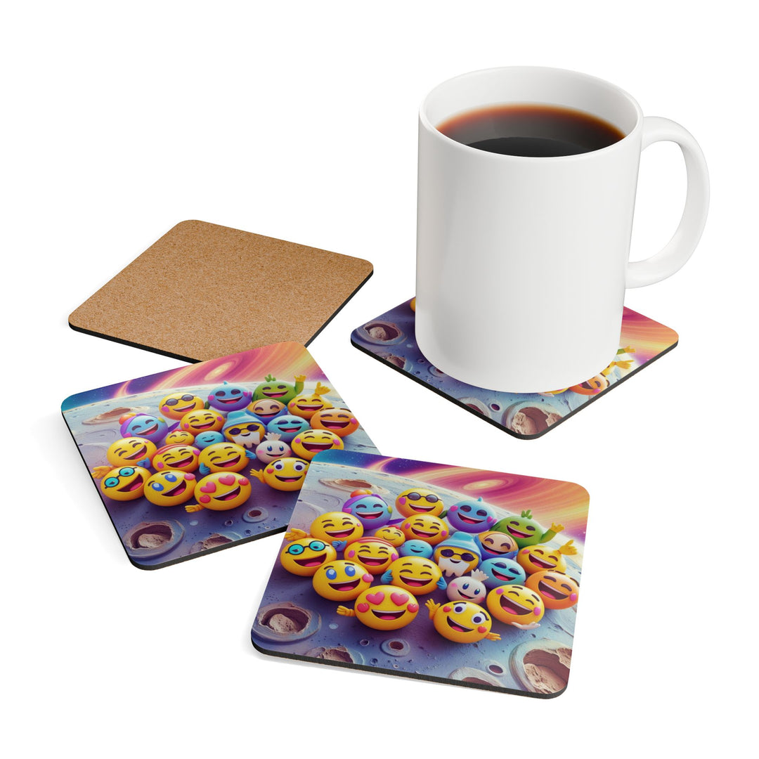 Emoji Cosmic Corkwood Coaster Set – Fun Modern Decor, Gift-Ready, 4 Pack