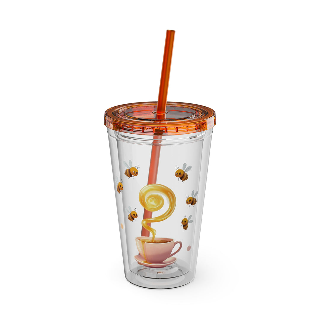 Sunsplash 16oz Tumbler – Pink Teacup & Bees, BPA-Free, Straw Included