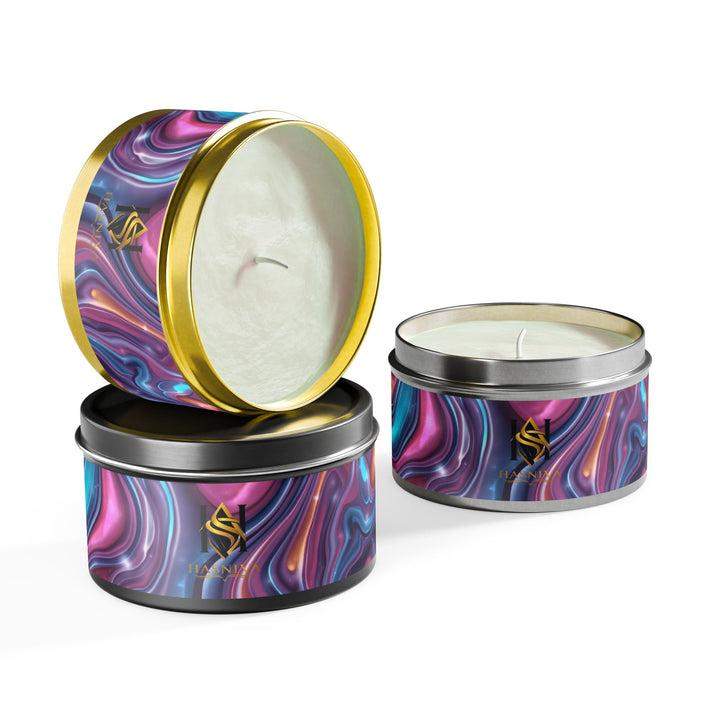 Handcrafted Iridescent Tin Candle – Luxe Soy, Custom Swirl Design, Gift-Ready