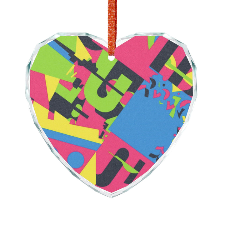 Crystal Glass Ornament – Bold Geometric Neon Art, Round or Heart Shape