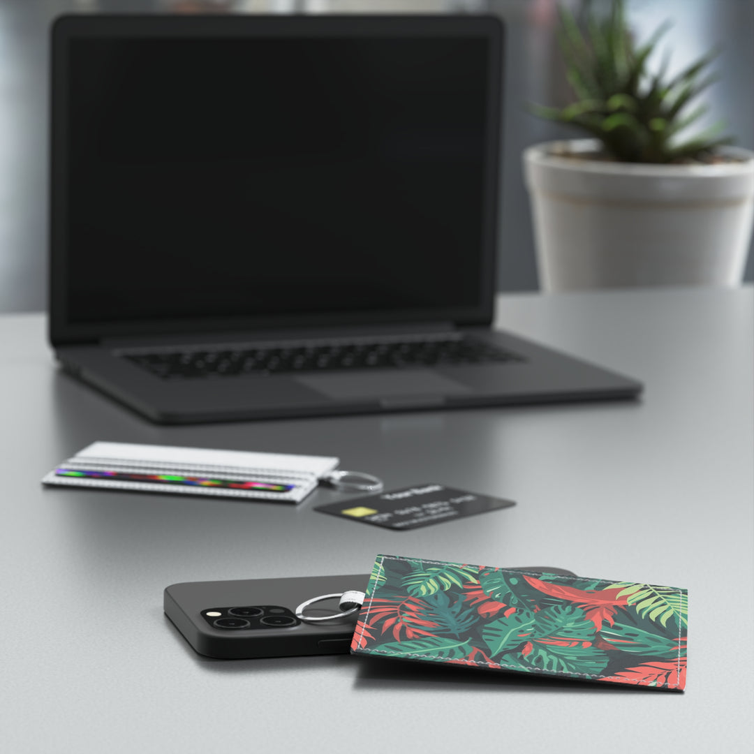Personalized Saffiano Leather Card Holder – Tropical Leaf Pattern, Slim & Stylish