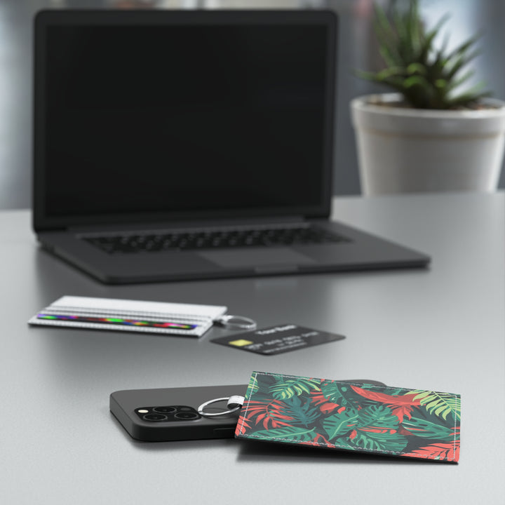 Personalized Saffiano Leather Card Holder – Tropical Leaf Pattern, Slim & Stylish