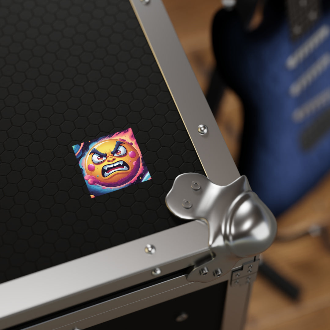 Cosmic Cartoon Angry Sun Laminate Square Sticker – Bold & Durable Art