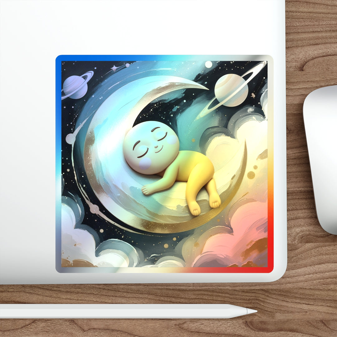Holographic Baby Moon Sticker – Cute Celestial Die-Cut, Retro Shine!