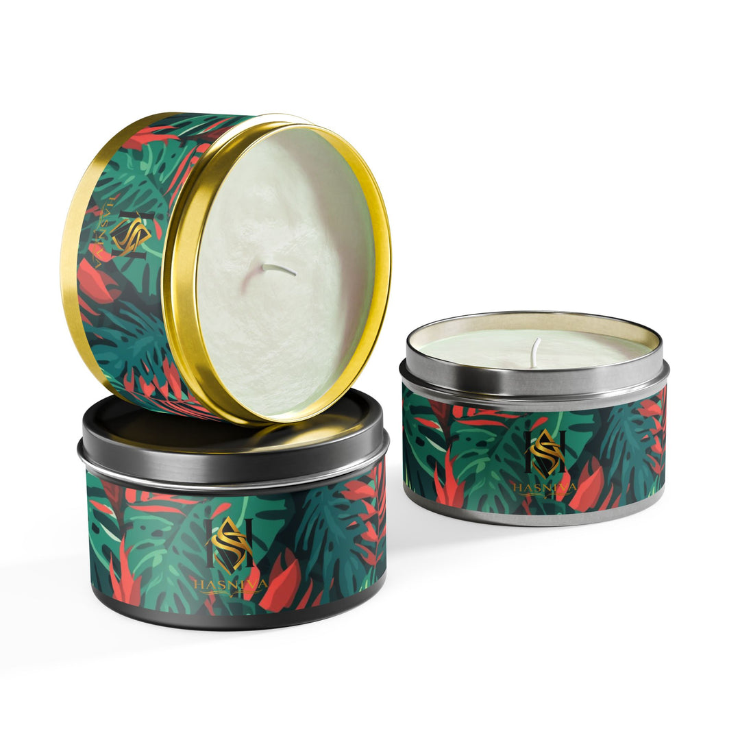 Handcrafted Tin Candles – Tropical Leaf Design, Custom Scents, Gift-Ready