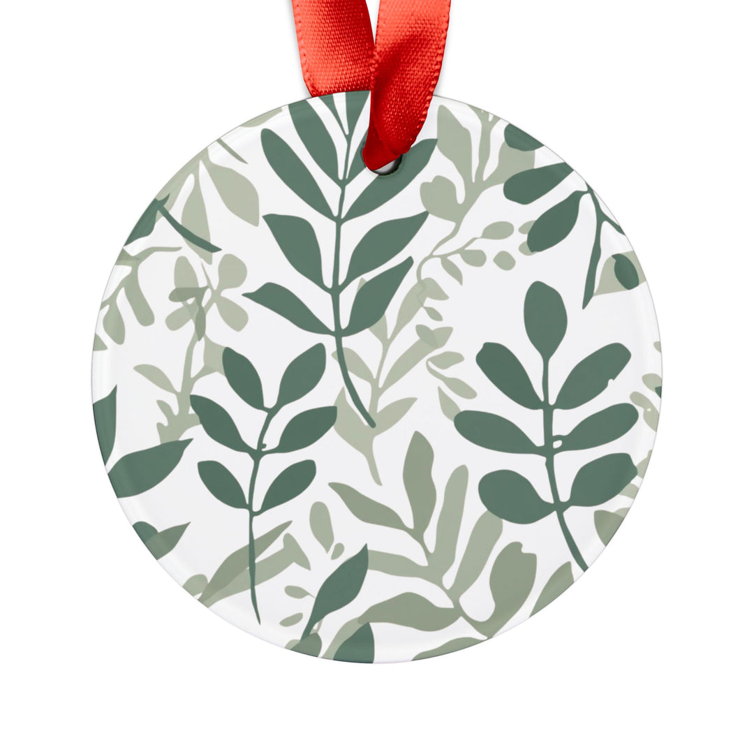 Personalized Acrylic Ornament – Modern Botanical Leafy Green on Black, Custom Ribbon