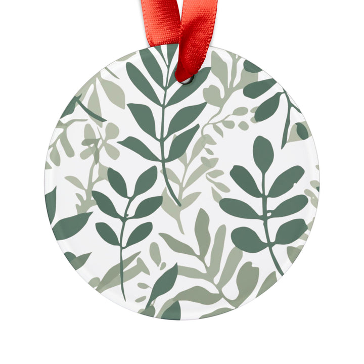 Personalized Acrylic Ornament – Modern Botanical Leafy Green on Black, Custom Ribbon