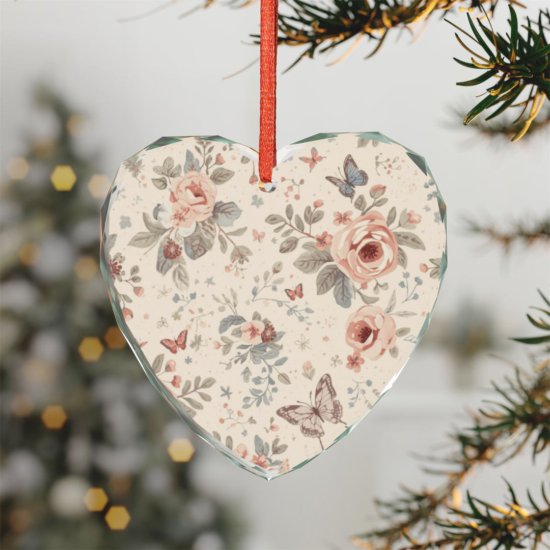 Crystal Glass Ornament – Vintage Floral Roses & Butterflies, Heart/Round