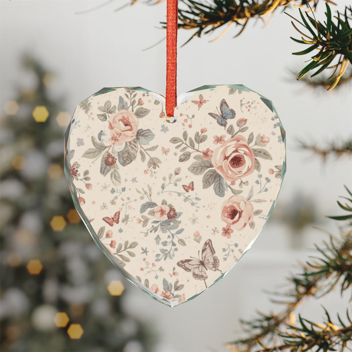Crystal Glass Ornament – Vintage Floral Roses & Butterflies, Heart/Round