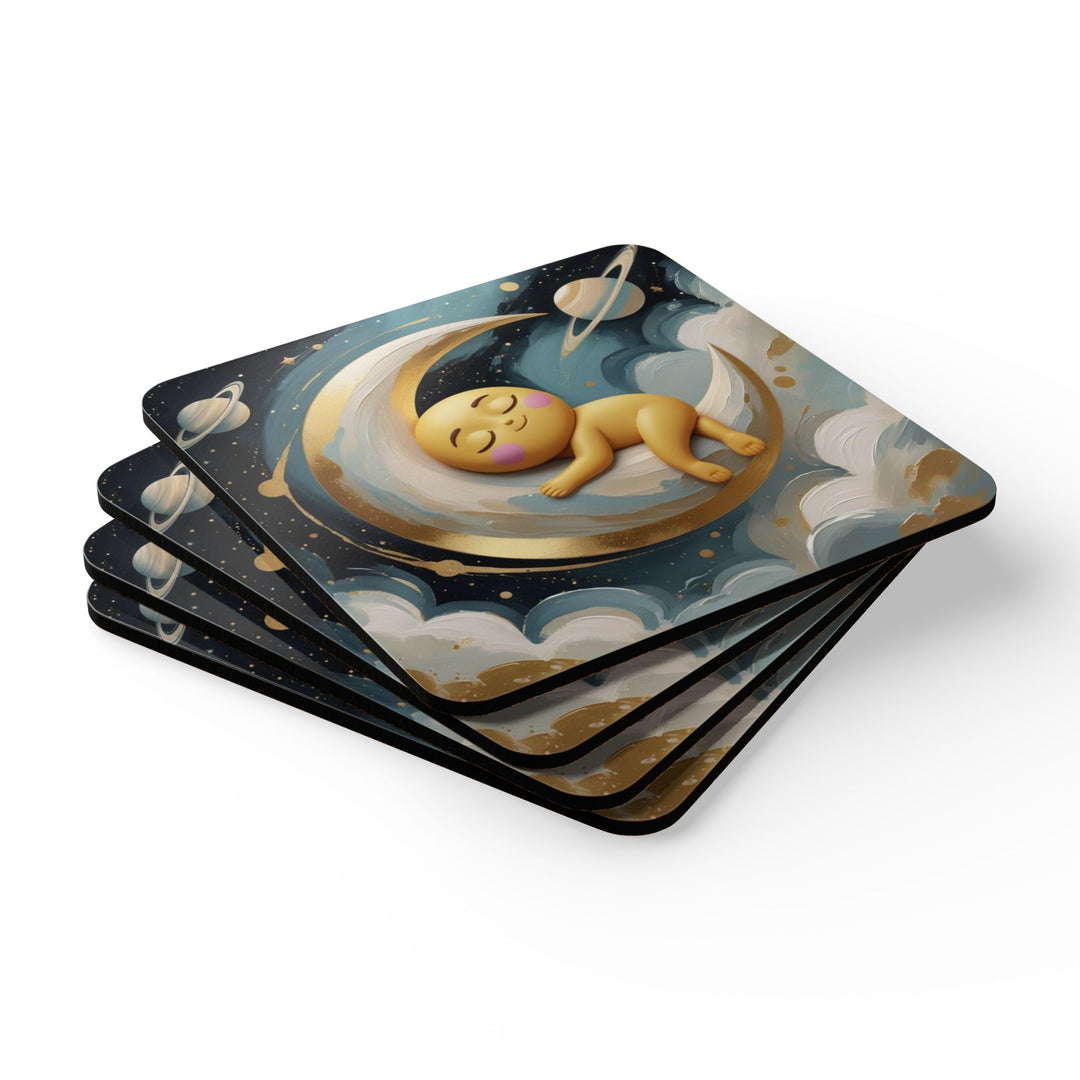 Whimsical Celestial Corkwood Coaster Set – Cute Moon & Stars Nursery Decor