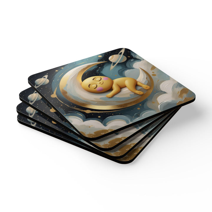 Whimsical Celestial Corkwood Coaster Set – Cute Moon & Stars Nursery Decor