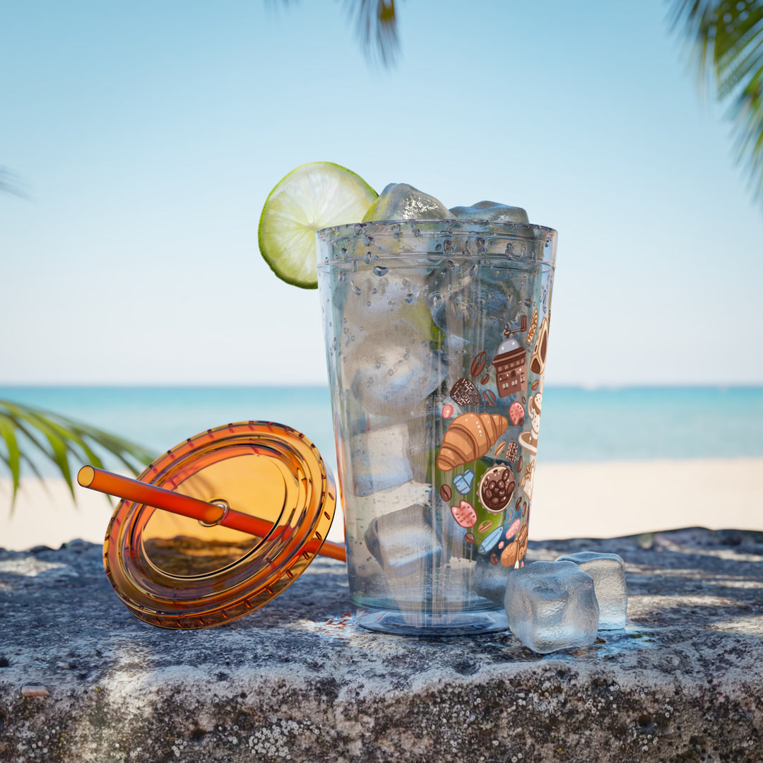 Sunsplash 16oz Tumbler – Cute Café Cartoon Coffee & Dessert, Straw Included