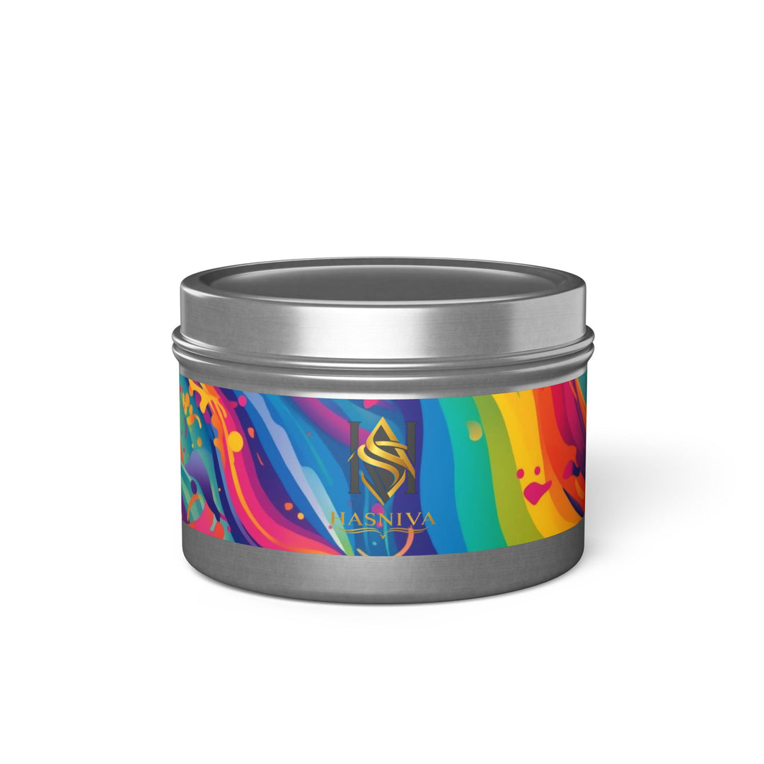 Hand-Poured Tin Candle – Vibrant Abstract Rainbow, Eco Coconut Soy, Gift-Ready