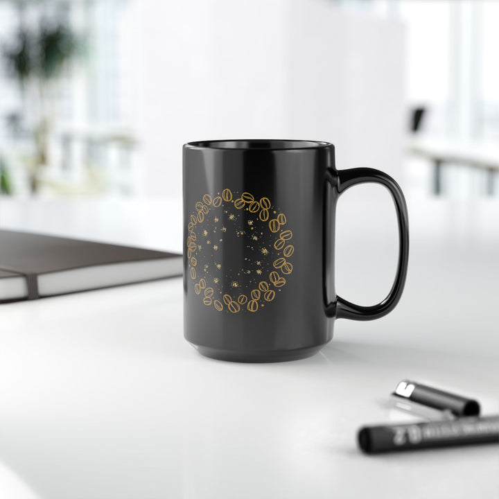 Modern Black Ceramic Mug – Hand-Drawn Coffee Beans & Gold Floral (11oz/15oz)