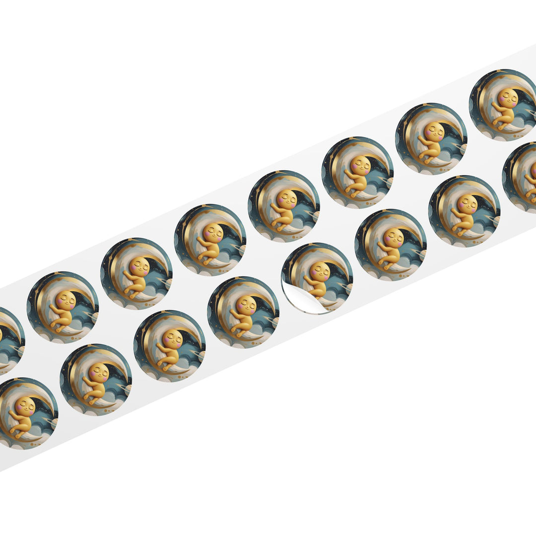 Celestial Baby Moon Round Sticker Label Rolls – Durable, Cute & Glossy