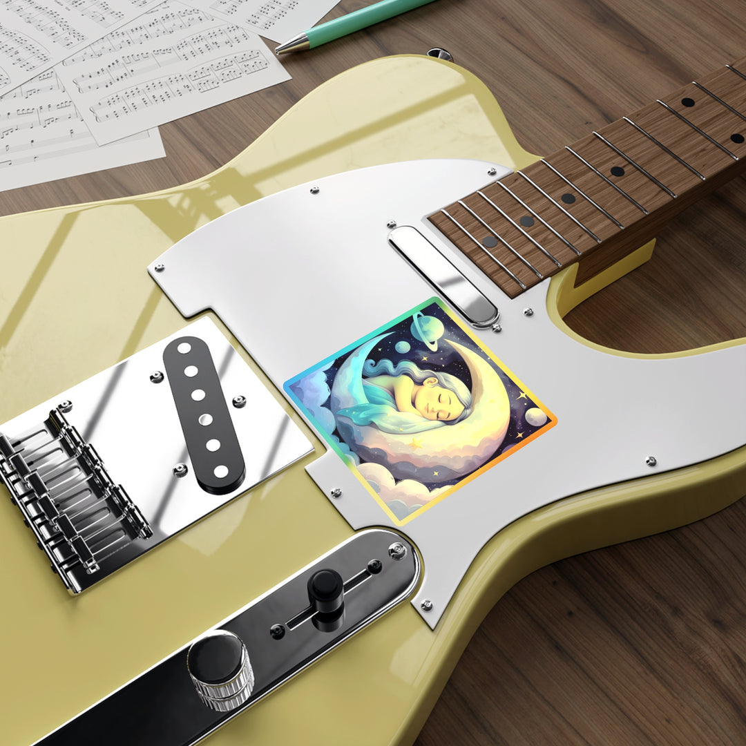 Holographic Die-Cut Sticker – Dreamy Girl on Moon, Celestial Pastel Vibes