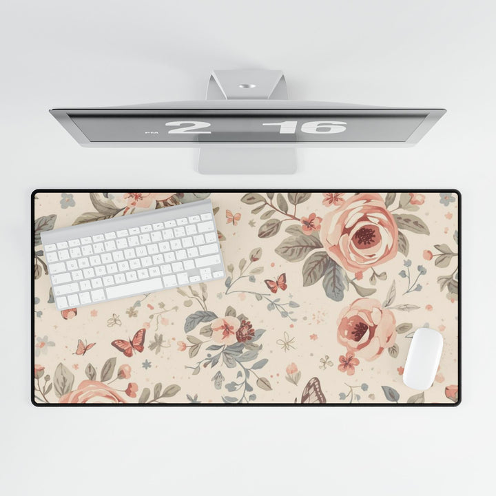 Premium Floral Desk Mat – Elegant Pastel Roses & Butterflies, Non-Slip, Waterproof