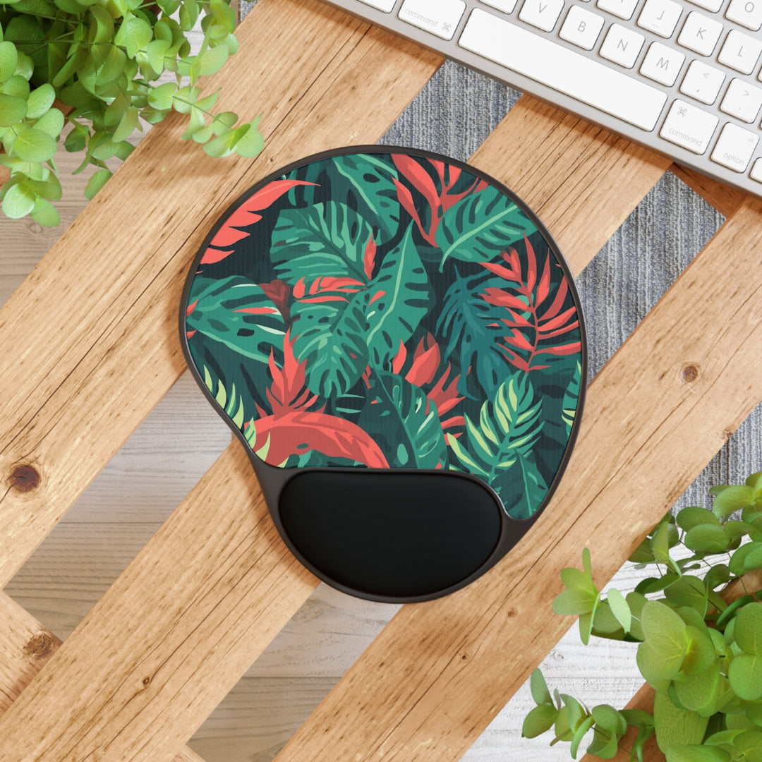 Ergo Memory Foam Mouse Pad with Wrist Rest – Tropical Leaf Jungle Vibes
