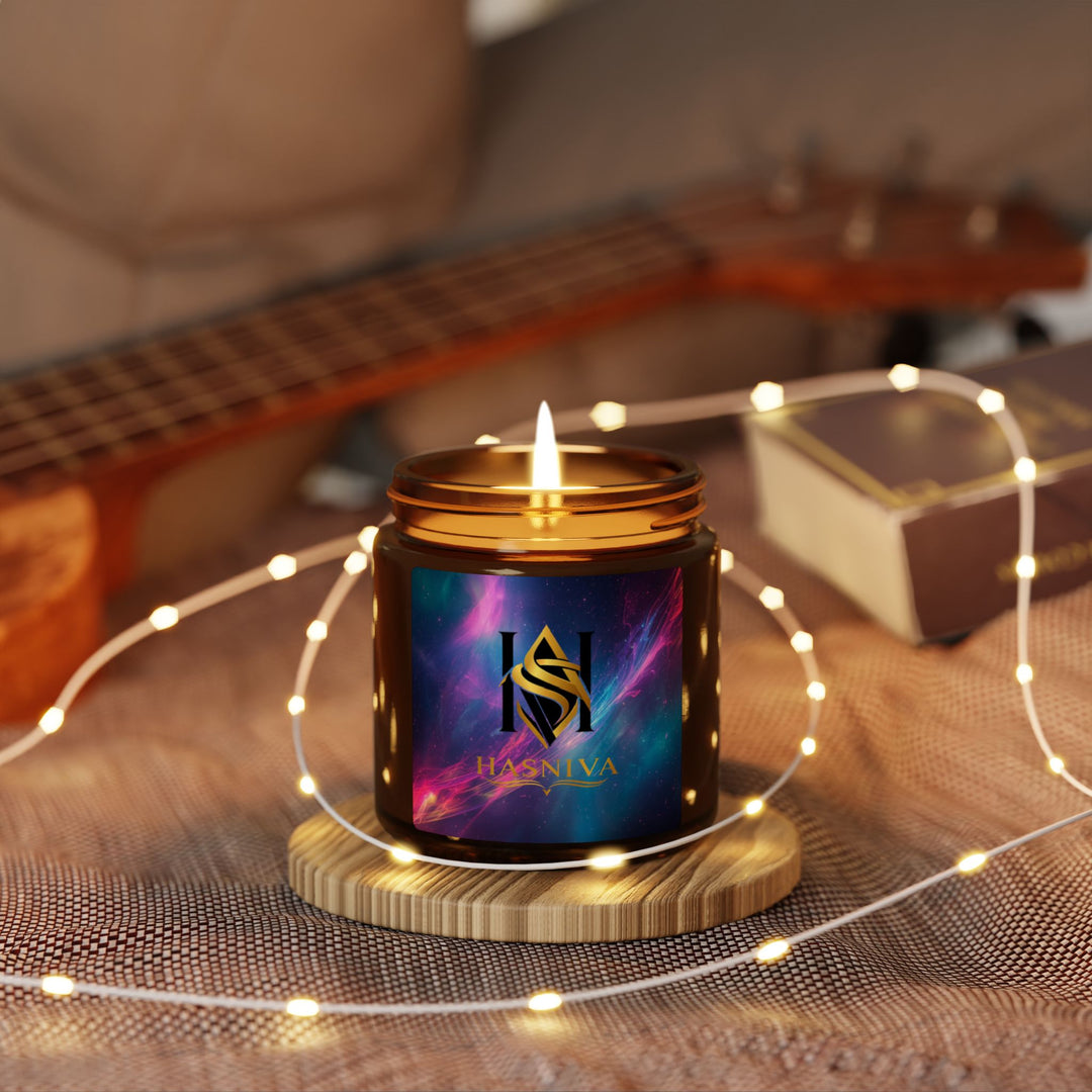 Cosmic Glow Scented Soy Candle: Amber Jar, Neon Swirl Design, 4oz/9oz