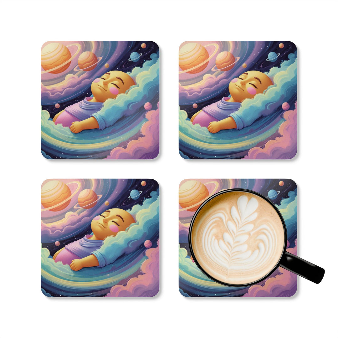 Dreamy Cosmic Baby Corkwood Coaster Set – High-Gloss, Cute Galaxy Decor
