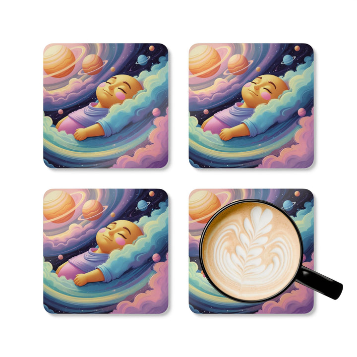 Dreamy Cosmic Baby Corkwood Coaster Set – High-Gloss, Cute Galaxy Decor