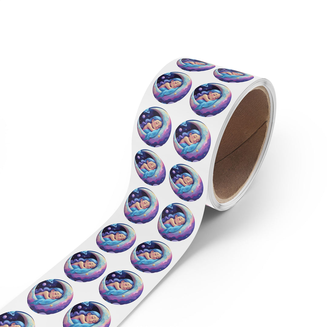 Dreamy Moon Girl Round Sticker Labels – Durable, Glossy, Celestial Rolls