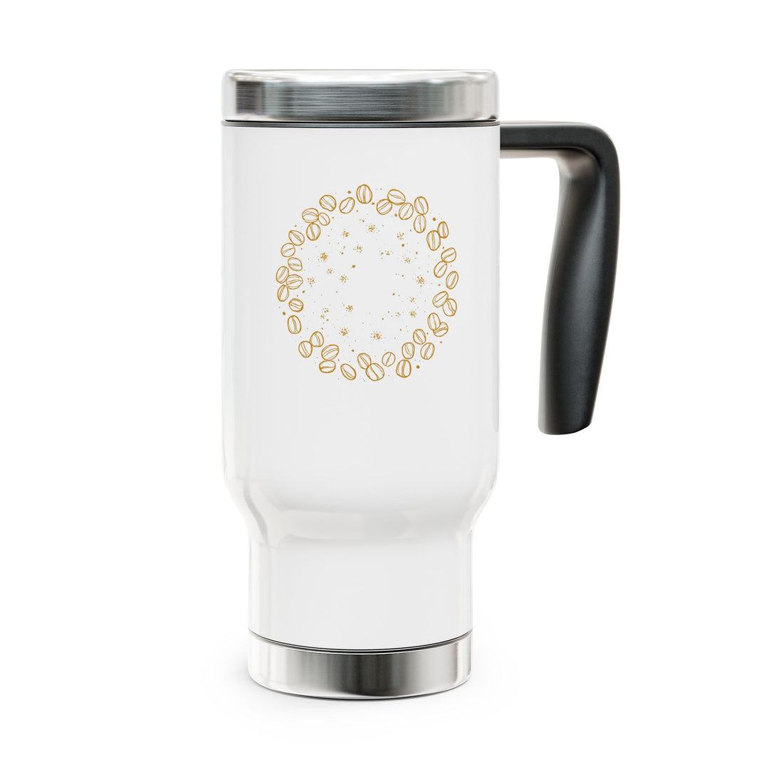 14oz Stainless Steel Travel Mug – Coffee Bean Art, Black, Spill-Proof Handle