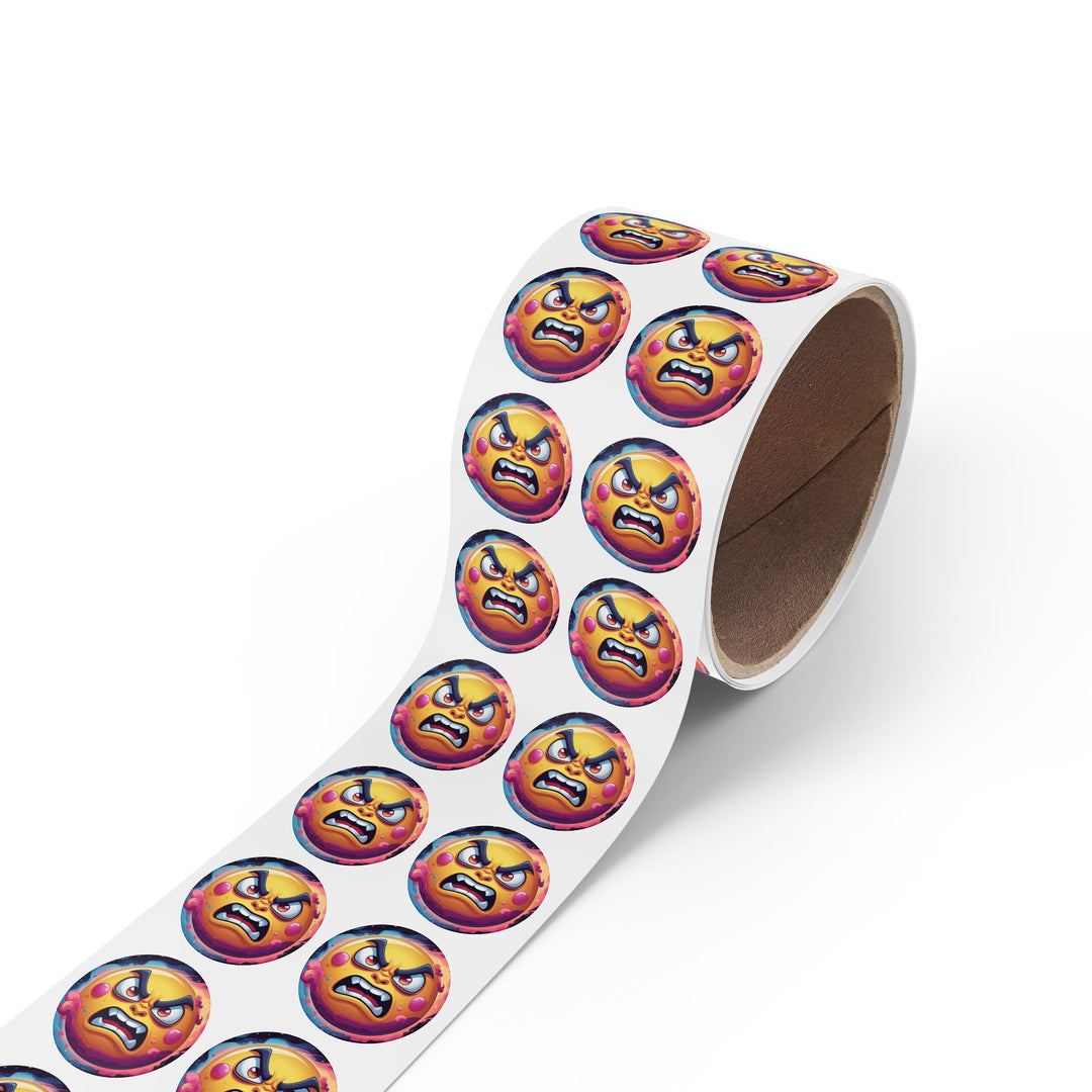 Round Sticker Label Roll – Angry Sun Space Theme, Durable, Fun & Glossy