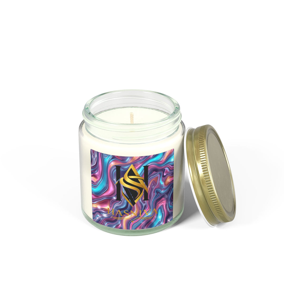 Hand-Poured Coconut Apricot Scented Candle – Iridescent Abstract Design