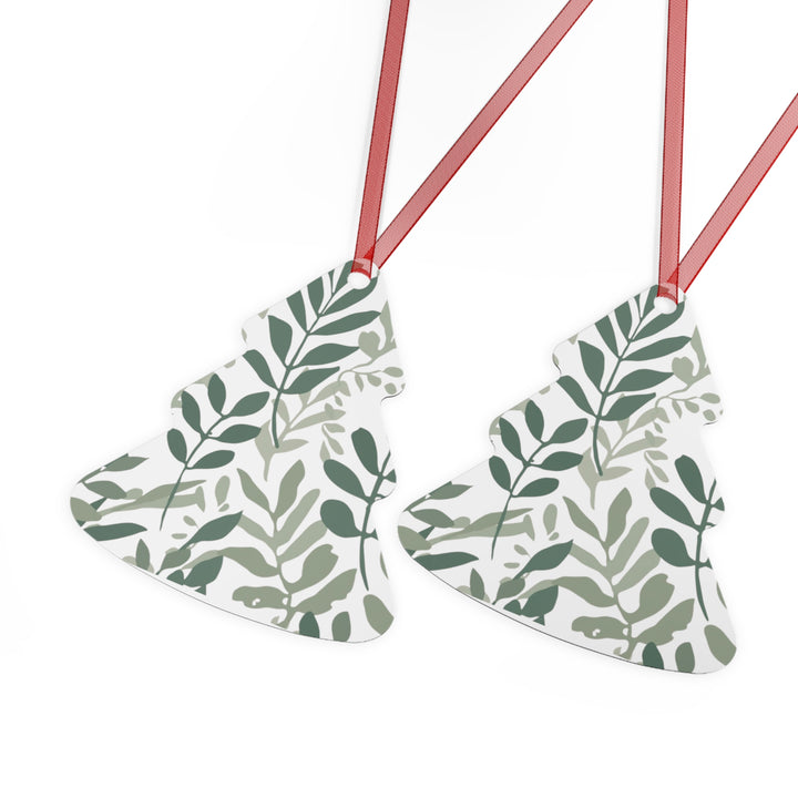 Modern Botanical Metal Ornament – Hand-Drawn Green Leaves on Black, Customizable