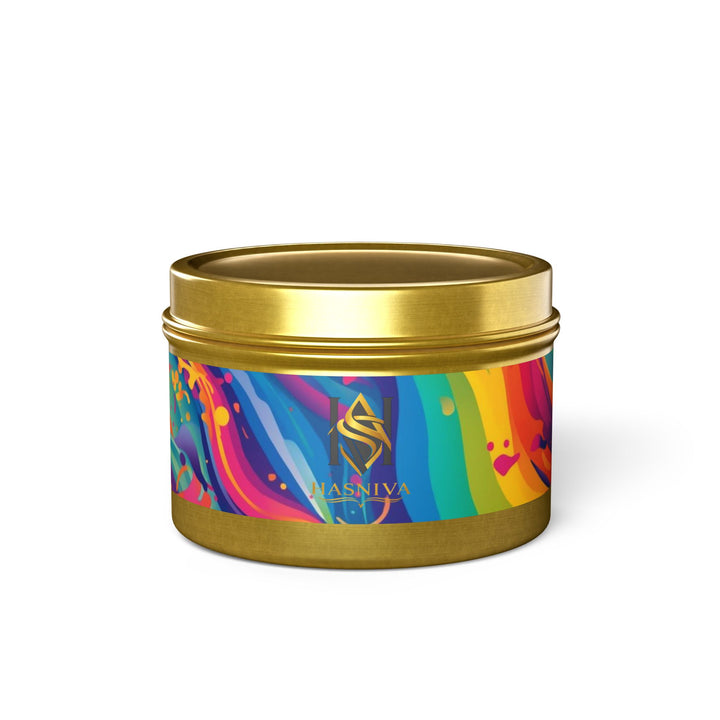 Hand-Poured Tin Candle – Vibrant Abstract Rainbow, Eco Coconut Soy, Gift-Ready
