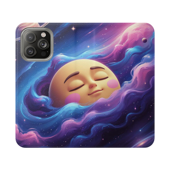 Dreamy Galaxy Flip Case – Cute Moon & Star Wallet Cover, Vegan Leather